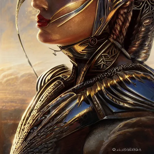 Image similar to valkyrie, norse warrior, wearing a golden armor with norse and viking jewelry by alex gray and android jones, karol bak, ilya golitsyn, ayami kojima, amano, black panther, moebius, concept art, character design, fantasy, 3 d, 8 k resolution