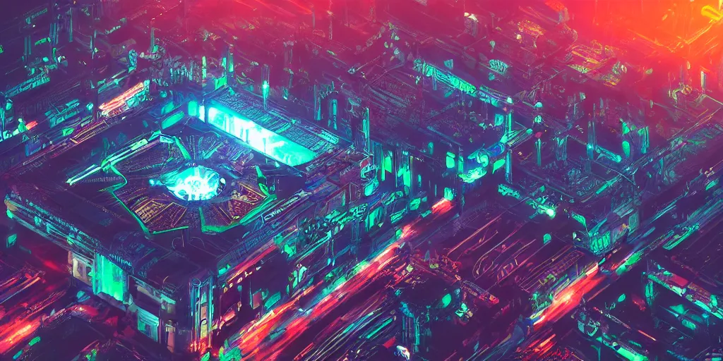 Prompt: Cyberpunk coloseum, birds eye view, rgb lights, futuristic, scifi, advanced technology, neon, high quality, trending on artstation, high detail, by Gabriel Björk Stiernström