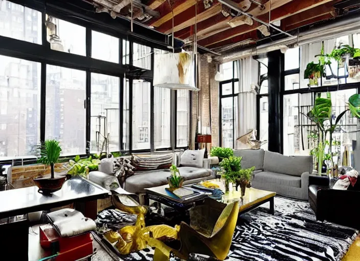 Prompt: ny loft designed by nate berkus with a view of the jungle