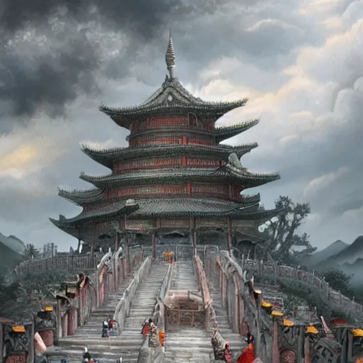 Image similar to dynamic composition, motion, ultra-detailed, incredibly detailed, a lot of details, amazing fine details and brush strokes, colorful and grayish palette, smooth, HD semirealistic anime CG concept art digital painting, watercolor oil painting of epic castle gate, from Three Kingdoms, by a Chinese artist at ArtStation, by Huang Guangjian, Fenghua Zhong, Ruan Jia, Xin Jin and Wei Chang. Realistic artwork of a Chinese videogame, gradients, gentle an harmonic grayish colors.