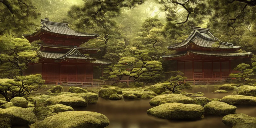 Image similar to a ancient japanese temple in the middle of a forest mear a small river, extremely highly detailed, high quality, 8K HDR, octane render, unreal engine 5, hyperrealistic, concept art, trending on Artstation, dramatic lighting, cinematic, high coherence, path tracing, ruins, clouds in the sky, singular building, centered