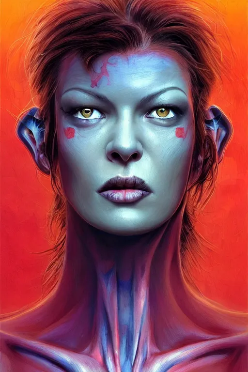 Prompt: painting of [ hybrid between milla jovovich & fox ], intercrossed human & animal, human face with fox whiskers and ears, artstation, 4 k, mixture, by zdzislaw beksinski,, logical anatomy, bright hue's, vibrant tone gradient background, concept art, beautiful composition, digital painting,