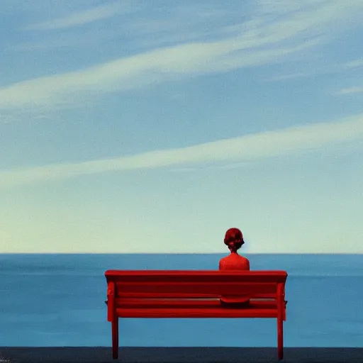 Prompt: a woman with her back towards the viewer sitting on a bench by the ocean staring over the water Edward Hopper and James Gilleard, Zdzislaw Beksinski highly detailed