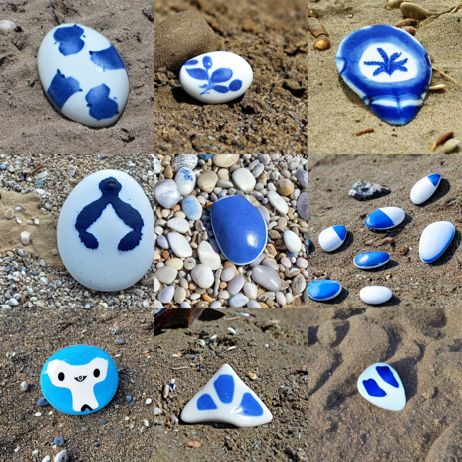 Prompt: blue and white collarstone found on a porcelain beach full of beaver clones