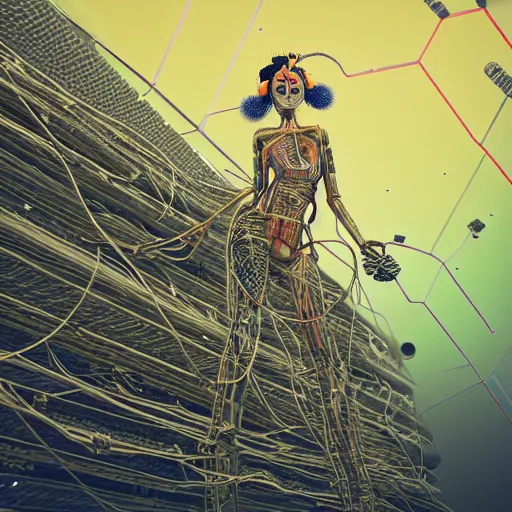 Prompt: space station on the moon, piles of modular synth cables mixed with mangrove roots, kawaii puerto rican goddess staring through your soul wearing a headpiece made of circuit boards, by cameron gray, wlop, stanley kubrick, masamune, hideki anno, jamie hewlett, unique perspective, eastman color, trending on artstation, cinematic, 3 d render, muted neon