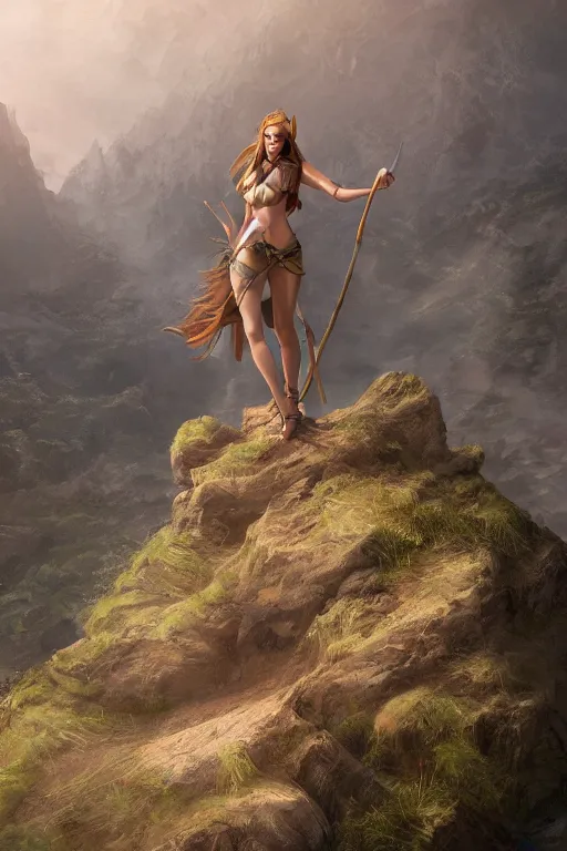 Prompt: concept illustration, trending on artstation, highly detailed, 8k, fantasy, woman standing on top of a cliff, holding a spear, looking down with fury