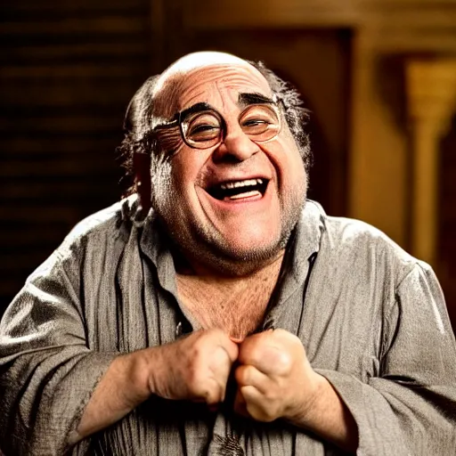 Image similar to the lord of the ring gimili played by danny devito laughing directed by peter jackson film still face close up dramatic lighting