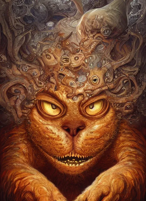 Image similar to portrait of Garfield as a large Lovcraftian monster, fantasy, intricate, elegant, highly detailed, digital painting, artstation, concept art, smooth, sharp focus, illustration, art by artgerm and greg rutkowski