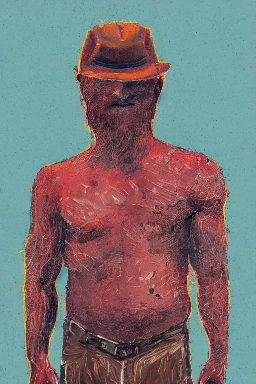 Prompt: portrait of a rugged ranger, muscular, upper body, hairy torso, in the style of Corporate Memphis, Francis Bacon, James Jean, Alegria style, Buck Studios artwork, gradients, simple, minimalist, medium shot