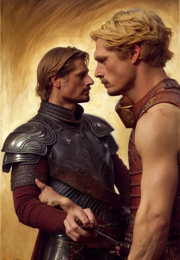 Image similar to attractive handsome fully clothed jaime lannister confesses his love for attractive fully armored brienne of tarth. centered composition. highly detailed painting by gaston bussiere and j. c. leyendecker and william adolphe bouguereau and fra angelico and octane render, musee d'orsay 8 k