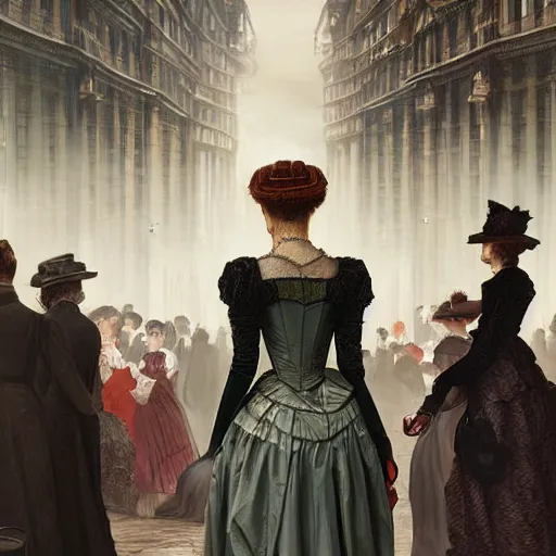 Prompt: portrait of a victorian lady within a crowd of people in a futuristic city, from behind, streets, beautiful, solarpunk!!!, highly detailed, digital painting