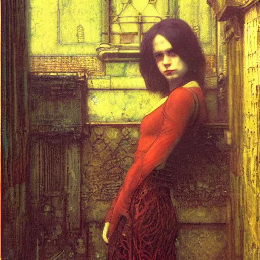 Image similar to cyberpunk noir in the style of john william waterhouse, kilian eng, rosetti, john everett millais, william holman hunt, 4 k photo autochrome