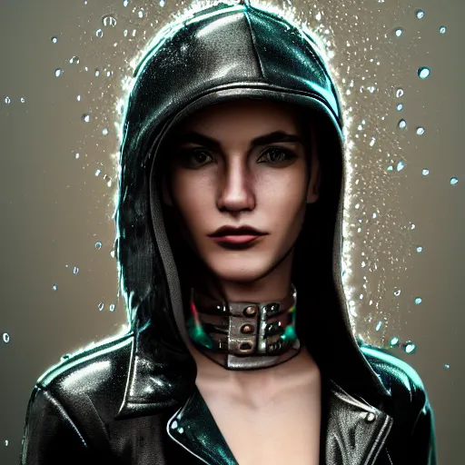 Image similar to stylish woman cartoon portrait made out of rain, leather jacket, cyberpunk background, rendered in octane, unreal engine, highly detailed, trending on artstation, realistic, splashes of neon, beautiful