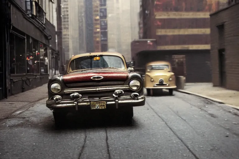 Prompt: street photography by saul leiter, in a new york busy alley, award winning photo of an ultra detailed intricate dirty vintage ford car speeding very fast on mud, fast shutter speed, motion blur, tiny gaussian blur, highly detailed, highly intricate, depth of field, trending on top gear
