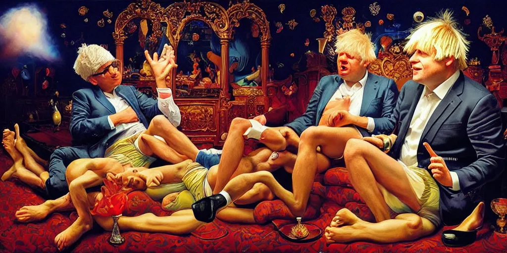 Image similar to rishi sunak and boris johnson in heaven, abstract oil painting by gottfried helnwein pablo amaringo raqib shaw zeiss lens sharp focus high contrast chiaroscuro gold complex intricate bejeweled