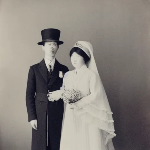 Image similar to a wide full shot, colored russian and japanese mix historical fantasy of a photograph portrait taken of the royal wedding officiant addresses the couple, photographic portrait, warm lighting, 1 9 0 7 photo from the official wedding photographer for the royal wedding.