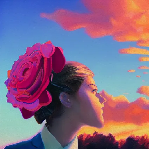 Image similar to closeup, giant rose flower over head, frontal, girl in a suit, surreal photography, sunrise, blue sky, dramatic light, impressionist painting, digital painting, artstation, simon stalenhag