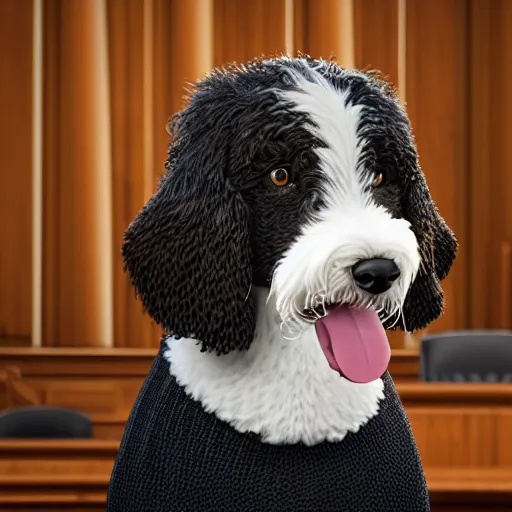 Image similar to a closeup photorealistic illustration of a smiling knitted bernedoodle judge dog dressed in a black gown, presiding over the courthouse. scales of justice and a gavel in the scene. this 4 k hd image is trending on artstation, featured on behance, well - rendered, extra crisp, features intricate detail, epic composition and the style of unreal engine.