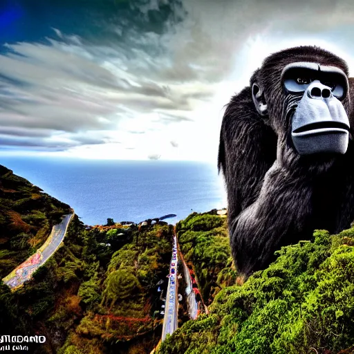 Image similar to king kong walking over madeira island in funchal city, trampled, cinematic shot, realistic, hdr, color, wide shot, gigantic