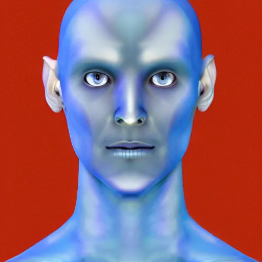 Prompt: An AI who has sublimated into a physical form that is humanoid and male. He has a long face, and his body is slender and graceful. He has a head, a torso, arms and legs but he doesn't look like a human being at all. His skin is blueish transparent and you can see the energy inside him, with a glowing blue liquid running from his core through his body as blood would in a human being.