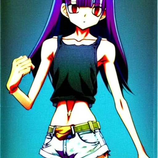 Image similar to attractive elegant sophisticated reservedyoung woman, slim figure, perfect silky straight hair, smooth tan skin, dark circles under bemused eyes, hip emo fashion, tshirt!!, shorts!!, illustrated for newtype magazine!! by akira toriyama!!