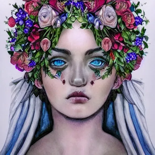 Prompt: incredibly beautiful portrait of A girl who looks like a priestess of love. With a gorgeous wreath of flowers on her head and blue eyes. White hair. Tattoo