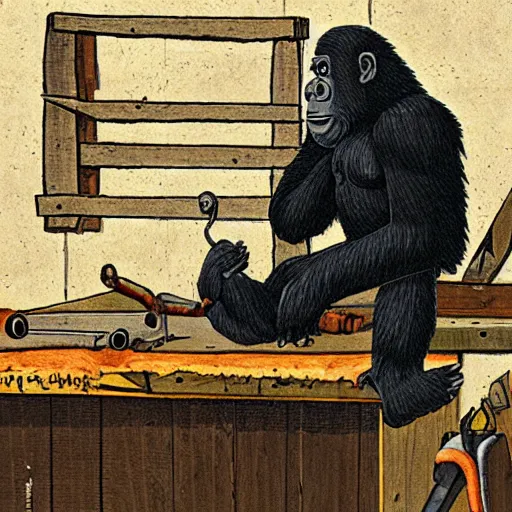 Prompt: carpenter ape in his workshop