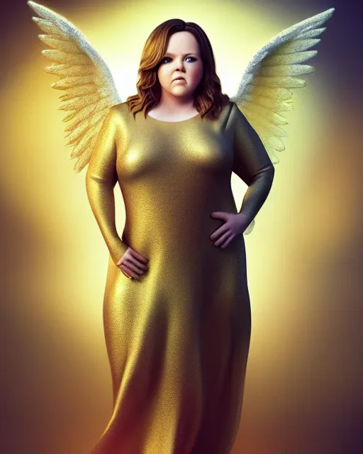 Prompt: Fullbody potrait of Melissa McCarthy as an angel, hyper realistic, prismatic highlights, atmosphere, gorgeous, depth of field, cinematic, macro, concept art, 50mm, artstation, wlop, elegant, epic, weta digital, focus, octane render, v-ray, 8k, kodak portra, art by Liberatore