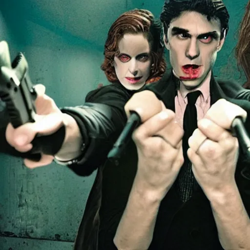 Prompt: Still from Vampires Holding Guns, high budget production, best selling box office blockbuster