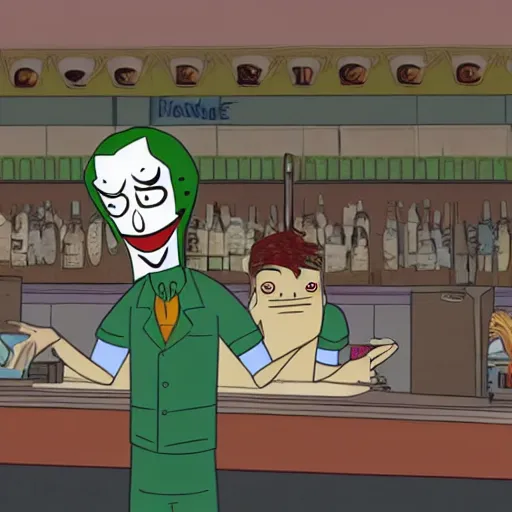 Image similar to Joker from the dark knight working at Bob's Burgers, style of Lauren Bouchard