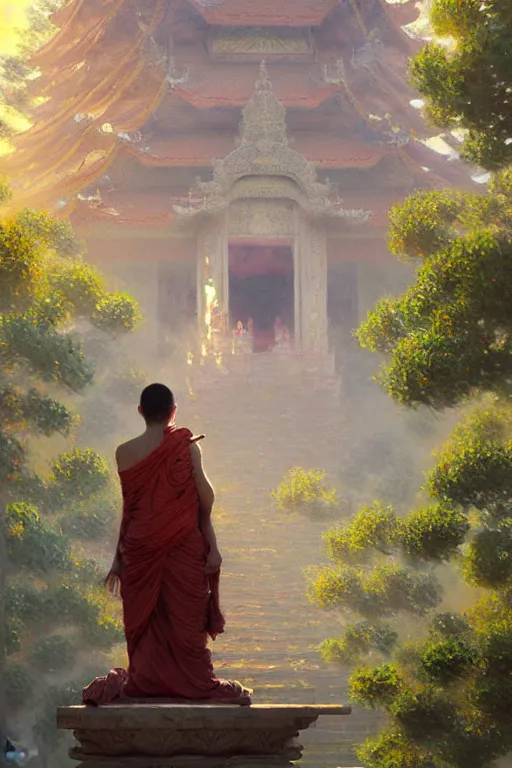 Prompt: temple. buddhism, impressionnisme, painting by greg rutkowski, artgerm, claude monet