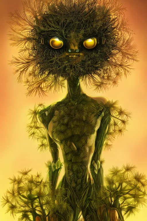 Image similar to a humanoid figure dandelion plant monster, amber eyes, highly detailed, digital art, sharp focus, ambient glow, trending on art station, anime art style