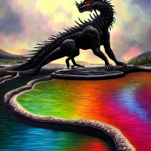 Image similar to highly detailed oil painting of a black dragon in a colorful hotspring at yellowstone national park, featured on artstation