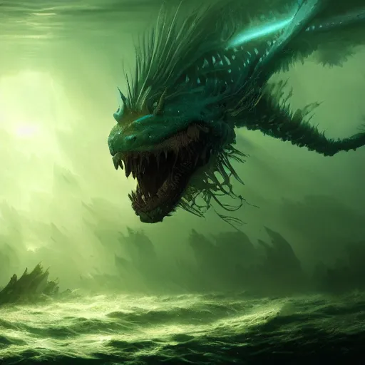 Prompt: Underwater sea dragon, bioluminescent, eerie, emotion, scenery, oil painting, Tooth Wu, Greg Rutkowski, RPG, dynamic lighting, fantasy art, high contrast, depth of field