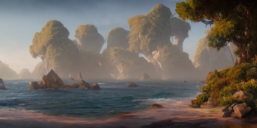 Prompt: illustration of the shore on a beautiful morning, Pixar and Disney animation, sharp, Rendered in Unreal Engine 5, art by Greg Rutkowski, Bloom, dramatic lighting