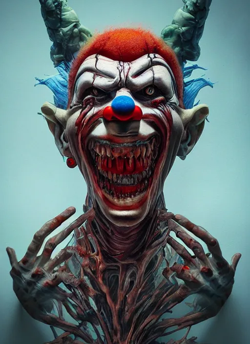 Image similar to evil horror clown, monster anatomy, ross tran, vivid colors, anatomical, highly detailed sculpture, intricate detailed, ommatidia, 8 k, cinematic atmosphere, post - processing