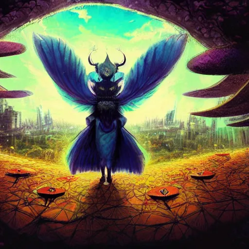 Image similar to 8K headshot Portrait of centered chest up of a psychedelic godlike mothman with giant mandala wings smoking a hand-rolled cigarette smoking heavily , magic mushroom village in background , post-processing , award winning. superb resolution. in the art style of Satoshi Kon and Greg Rutkowski . Detailed Mushroom city in background. Hyper realistic anime. Perfect art. Dalle2