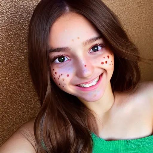 Prompt: Photograph of April, a cute 3D young woman, long shiny bronze brown hair, full round face, green eyes, medium skin tone, light cute freckles, light blush, smiling softly, wearing casual clothing, interior lighting, cozy living room background, medium shot, mid-shot, hyperdetailed, hyperreal, trending on Artstation, Unreal Engine, 4k,