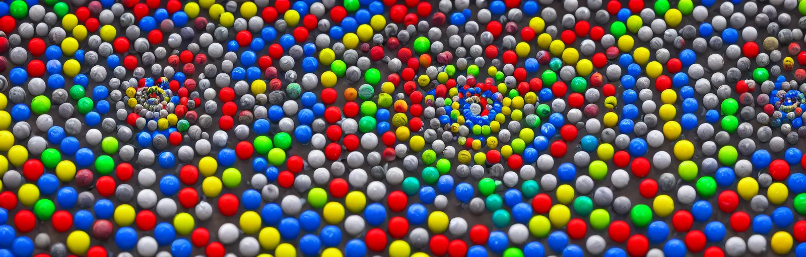 Image similar to 1 0 0 marbles on a track racing against each other, multi colors marbles, crazy track, entertainment camera, sport's camera shot, tv camera shot, telephoto lens shot, long lens, far view, provided by unreal engine, 8 k, artsation