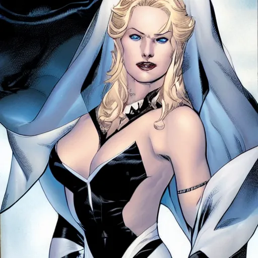 Prompt: Portrait of Emma Frost, a beautiful woman in her 30s, with white blonde hair and blue eyes, symmetrical face, detailed delicate features, graphic novel, art by Ardian Syaf and Chris Bachalo,