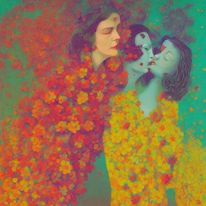 Image similar to portrait of women made of colorful fractal flowers hugging Edward Hopper and James Gilleard, Zdzislaw Beksinski, highly detailed