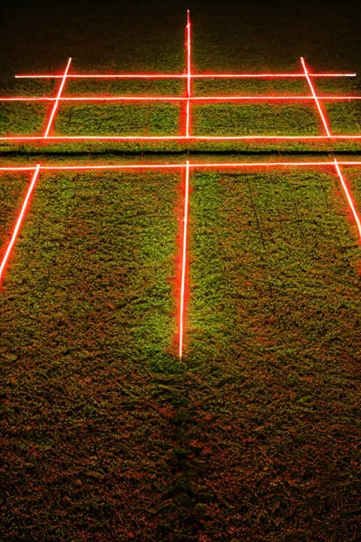 Image similar to Three giant red crosses made out of light beams in the center of a corn field