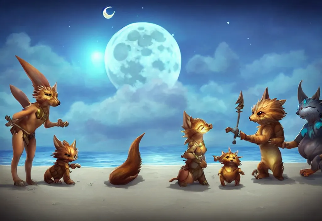 Prompt: cute fantasy critters at the beach looking at the moon, ultra realistic, concept art, highly detailed