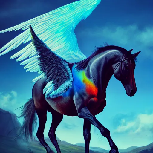 Image similar to man without head on top of horse with wings, colorful of blue color concept art, trending on artstation, highly detailed, intricate, sharp focus, digital art, 8 k