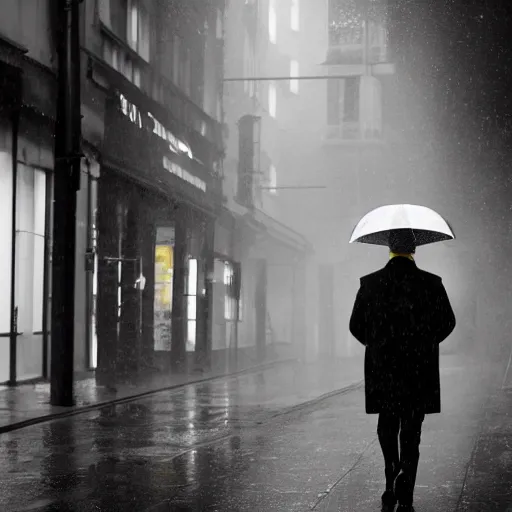 Prompt: A dramatic portrait of a man wearing yellow rain coat , holding red umbrella , walking in a black and white street . Cinematic lighting