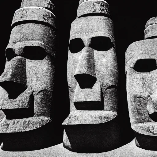 Image similar to black and white noir film with moai