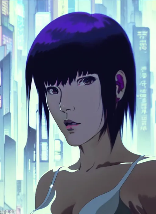 Image similar to a film still portrait of a motoko kusanagi ghost in the shell, finely detailed features, closeup at the faces, perfect art, at a cyberpunk city, gapmoe yandere grimdark, trending on pixiv fanbox, painted by greg rutkowski makoto shinkai takashi takeuchi studio ghibli, akihiko yoshida