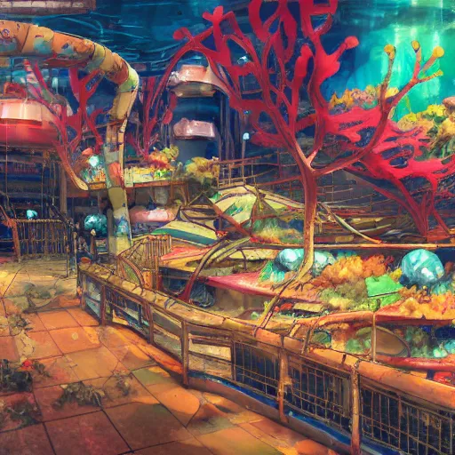 Prompt: painted anime background of an underwater mall in the slums built from various coral seashells and being reclaimed by nature, seaweed, light diffraction, litter, steampunk, cyberpunk, caustics, anime, vhs distortion, inspired by splatoon by nintendo, art created by miyazaki