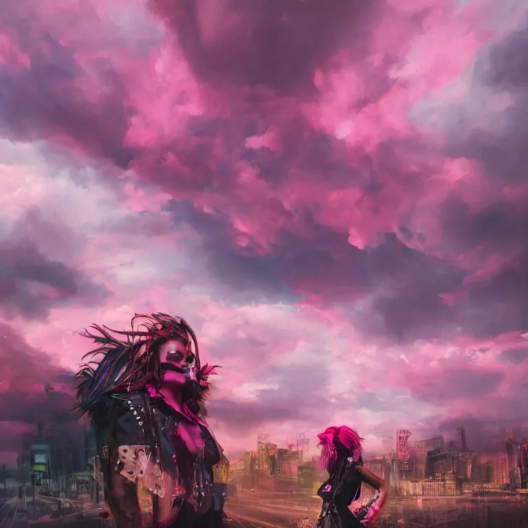 Prompt: oil painting, punk, pretty face, rich deep colors masterpiece, pink, people with mohawks, neon, ultra detailed, contrast, heaven pink, arches, clouds, sky, volumetric light, atmospheric lighting, dramatic, cinematic, steampunk, moody, octane render 4 k, 8 k