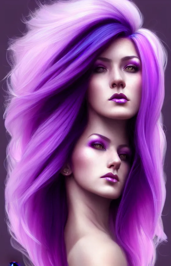 Image similar to Purple hair relistic Portrait of a woman with bright colored flying hair, all shades of purple. 100 mm, Beauty face, Hair coloring, fantasy, intricate, elegant, highly detailed, digital painting, artstation, concept art, smooth, sharp focus, illustration, art by artgerm and greg rutkowski and alphonse mucha